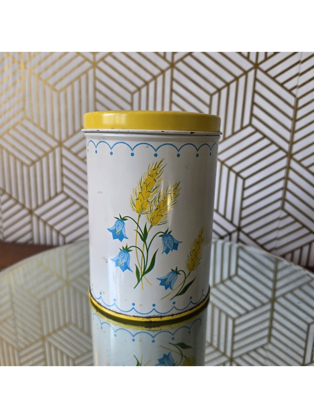 Vintage Colorware Yellow W Blue Flowers Canister Tin w/ Lid Kitchen Decor